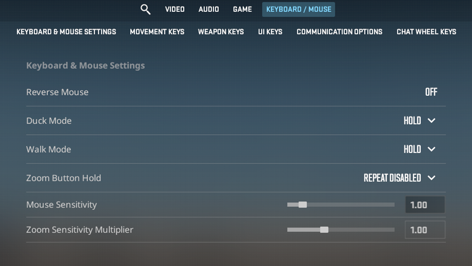 CS2 keyboard and mouse settings showing mouse sensitivity set to 1.00
